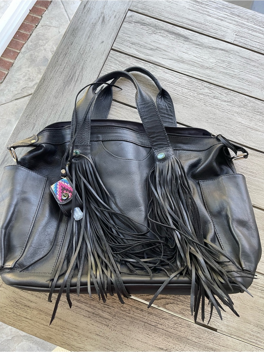Amado Guatemalan Black Fringe Genuine Leather Travel Tote Bag